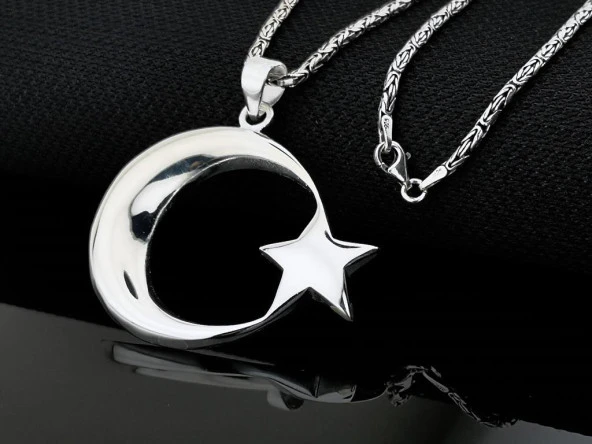 Büyük Boy Şanlı Ay Yıldızımız Tasarımlı Kral Zincirli 925 Ayar Gümüş Kolye - Resim 2
