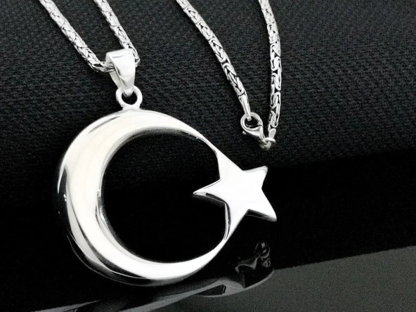 Büyük Boy Şanlı Ay Yıldızımız Tasarımlı Kral Zincirli 925 Ayar Gümüş Kolye - Resim 3
