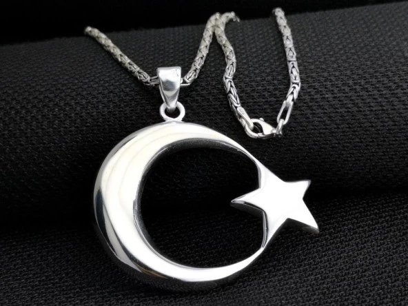 Büyük Boy Şanlı Ay Yıldızımız Tasarımlı Kral Zincirli 925 Ayar Gümüş Kolye - Resim 4