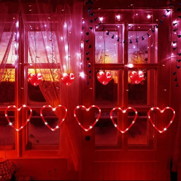 KIRMIZI SALKIM LED IŞIK KALPLİ SALKIM LED IŞIK YILBAŞI IŞIKLARI VİTRİN DEKOR SÜSLEME IŞIĞI RED LİGHT - 4