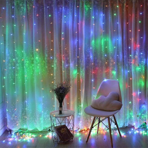 RENKLİ SALKIM LED IŞIK 3.50X2 METRE SALKIM IŞIK RENKLİ LED IŞIK 10 DALLI MODLU 220V RENKLİ PERDE LED IŞIK - 3