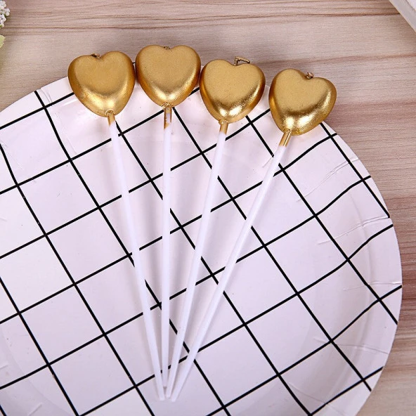 4 ADET GOLD KALPLİ PASTA MUMU KALPLİ DOĞUM GÜNÜ PASTA MUMU GOLD PASTA MUMU KALPLİ MUM GOLD CANDLE - Resim 3