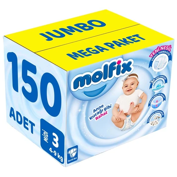 Molfix Bebek Bezi Beden:3 (4-9Kg) Midi 150 Adet Jumbo Mega Pk ürün görseli
