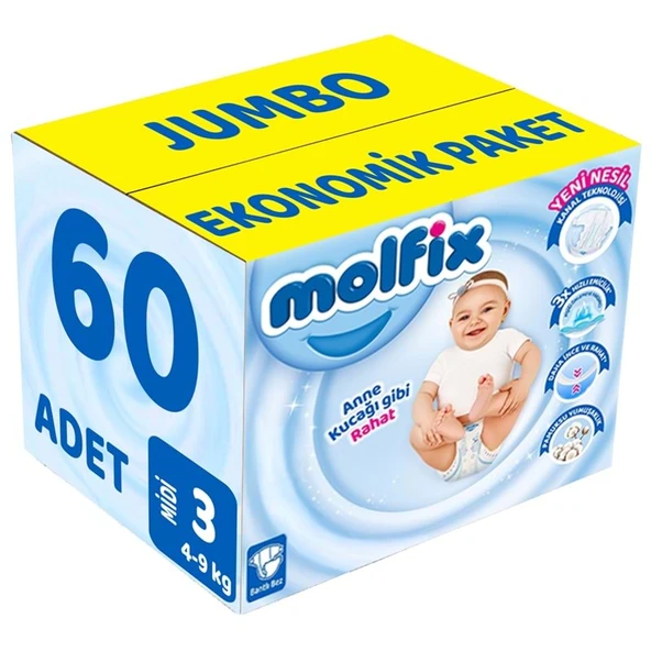 Molfix Bebek Bezi Beden:3 (4-9Kg) Midi 60 Adet Jumbo Ekonomik Pk ürün görseli