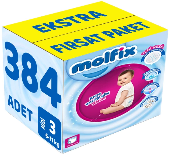 Molfix Külot Bebek Bezi Beden:3 (6-11KG) Midi 384 Adet Ekstra Fırsat Pk