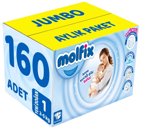 Molfix Bebek Bezi Beden:1 (2-5Kg) Yeni Doğan 160 Adet Jumbo Aylık Pk