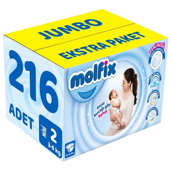 Molfix Bebek Bezi Beden:2 (3-6Kg) Mini 216 Adet Jumbo Ekstra Pk ürün görseli