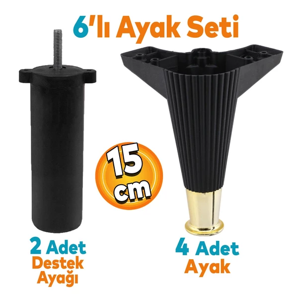 Wetra Line 6'lı Set Mobilya TV Ünitesi Çekyat Koltuk Kanepe Destek Ayağı 15 cm Siyah Altın M8 Civata
