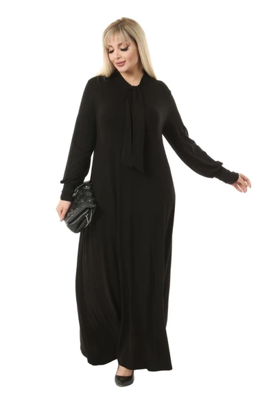 Melsay Butik Fularlı Siyah Uzun Kollu Büyük Beden Kadın Elbise - 6