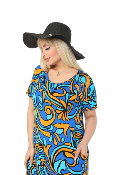 Melsay Butik Turkuaz Jungle Cepli Kısa Kol Kadın Midi Elbise - Resim 6