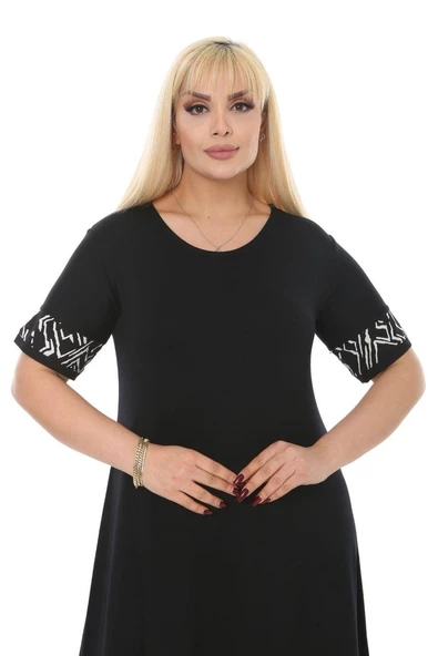 Melsay Butik Çizgi Şeritli Siyah Kadın Büyük Beden Midi Elbise - Resim 3