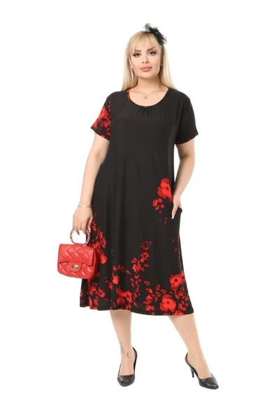 Melsay Butik Gelincik Desen Cepli Kısa Kol Kadın Midi Elbise