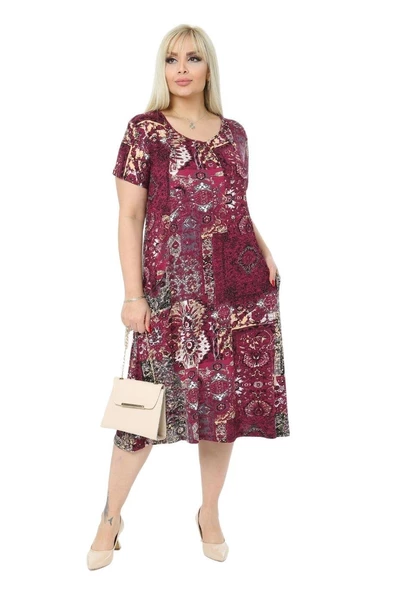 Melsay Butik Bordo Etnik Kuplu Cepli Kısa Kol Kadın Midi Elbise ürün görseli