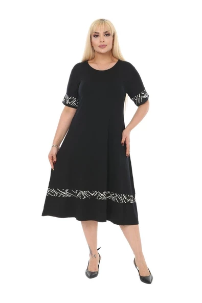 Melsay Butik Çizgi Şeritli Siyah Kadın Büyük Beden Midi Elbise ürün görseli