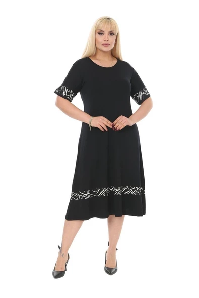 Melsay Butik Çizgi Şeritli Siyah Kadın Büyük Beden Midi Elbise - Resim 2