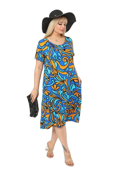 Melsay Butik Turkuaz Jungle Cepli Kısa Kol Kadın Midi Elbise - Resim 3