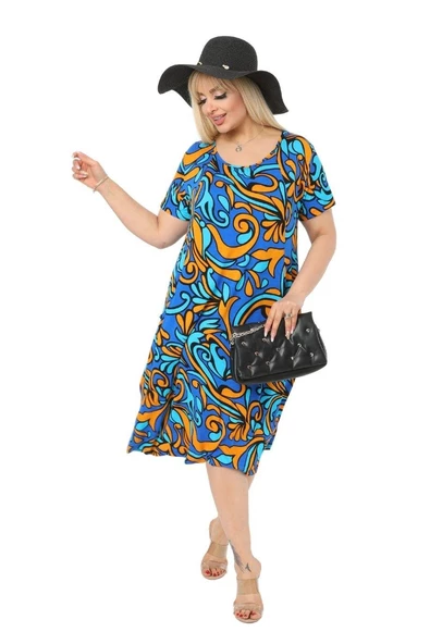 Melsay Butik Turkuaz Jungle Cepli Kısa Kol Kadın Midi Elbise - Resim 4