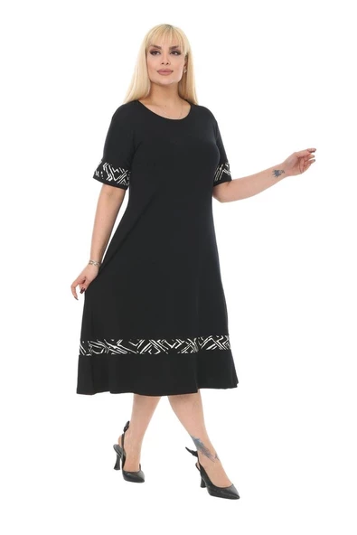 Melsay Butik Çizgi Şeritli Siyah Kadın Büyük Beden Midi Elbise - Resim 5