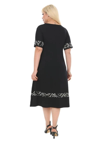 Melsay Butik Çizgi Şeritli Siyah Kadın Büyük Beden Midi Elbise - Resim 6