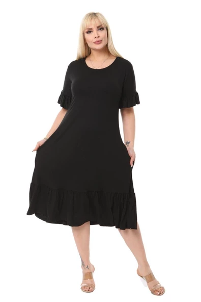 Melsay Butik Cepli Fırfırlı Siyah Kısa Kollu Kadın Midi Elbise ürün görseli