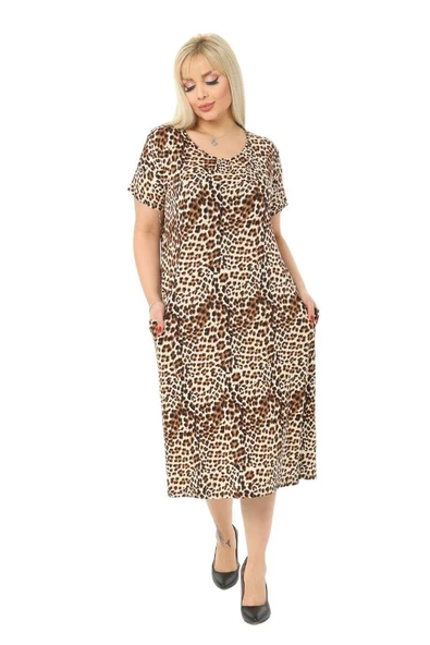 Melsay Butik Küçük Leopar Desen Cepli Kısa Kol Kadın Midi Elbise - Resim 3