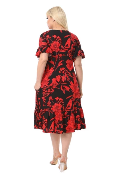 Melsay Butik Kırmızı Palmiye Fırfırlı Kısa Kollu Kadın Midi Elbise - 5