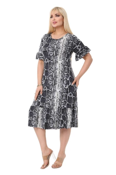 Melsay Butik Gri Yılanderisi Fırfırlı Kısa Kol Kadın Midi Elbise - Resim 6