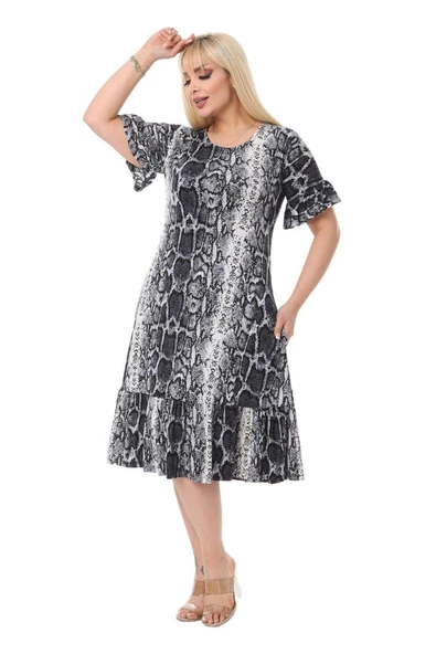 Melsay Butik Gri Yılanderisi Fırfırlı Kısa Kol Kadın Midi Elbise - Resim 5