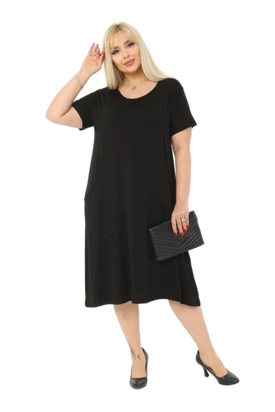 Melsay Butik Siyah Kuplu Cepli Kısa Kol Kadın Midi Elbise - 1