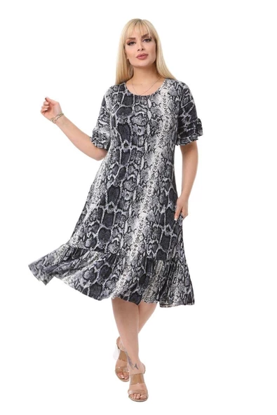 Melsay Butik Gri Yılanderisi Fırfırlı Kısa Kol Kadın Midi Elbise ürün görseli