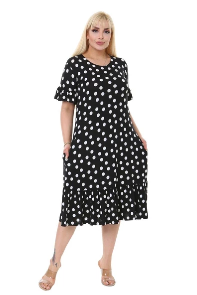 Melsay Butik Puantiye Desen Cepli Fırfırlı Kısa Kol Kadın Midi Elbise ürün görseli