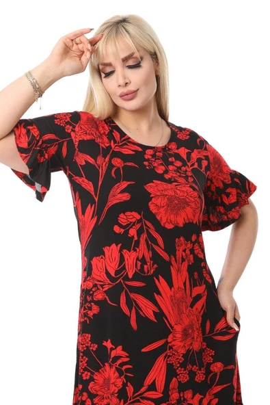 Melsay Butik Kırmızı Palmiye Fırfırlı Kısa Kollu Kadın Midi Elbise - 6