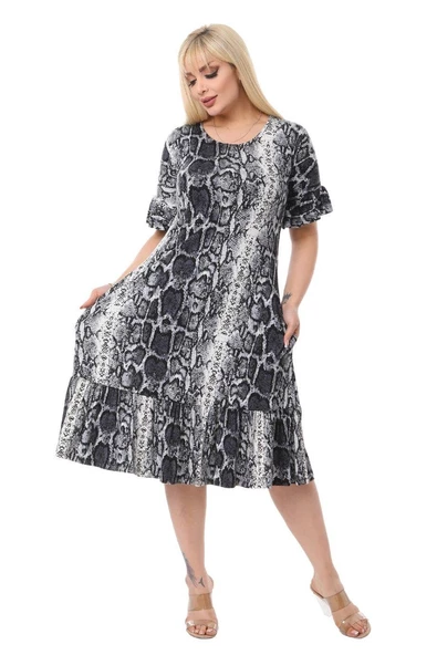 Melsay Butik Gri Yılanderisi Fırfırlı Kısa Kol Kadın Midi Elbise - Resim 4