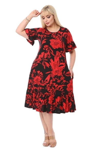 Melsay Butik Kırmızı Palmiye Fırfırlı Kısa Kollu Kadın Midi Elbise - 3