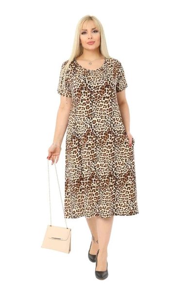 Melsay Butik Küçük Leopar Desen Cepli Kısa Kol Kadın Midi Elbise ürün görseli