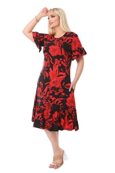 Melsay Butik Kırmızı Palmiye Fırfırlı Kısa Kollu Kadın Midi Elbise - 4