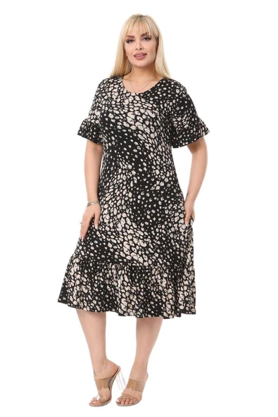 Melsay Butik Çakıltaşı Desen Cepli Fırfırlı Kısa Kol Kadın Midi Elbise ürün görseli