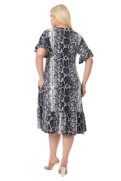 Melsay Butik Gri Yılanderisi Fırfırlı Kısa Kol Kadın Midi Elbise - Resim 2