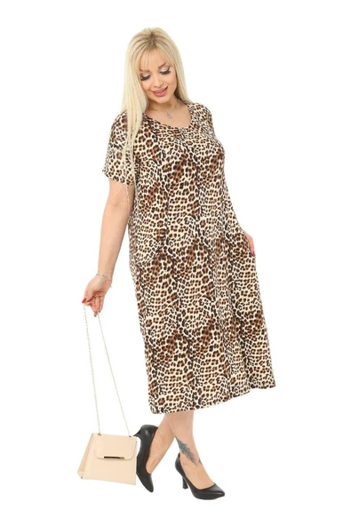 Melsay Butik Küçük Leopar Desen Cepli Kısa Kol Kadın Midi Elbise - Resim 2