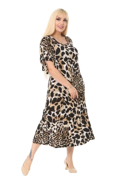 Melsay Butik Kaplan Desen Bağlamalı Kısa Kollu Kadın Midi Elbise - Resim 3