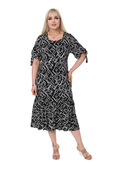 Melsay Butik Zigzag Çizgili Bağlamalı Kısa Kollu Kadın Midi Elbise - 1