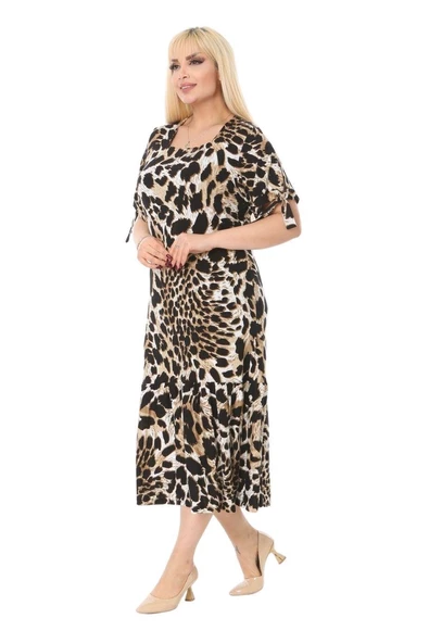 Melsay Butik Kaplan Desen Bağlamalı Kısa Kollu Kadın Midi Elbise - Resim 2