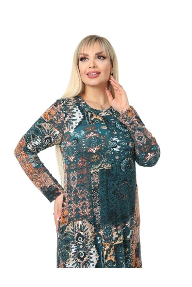 Melsay Butik Petrol Etnik Desen Kollu Kadın Uzun Tesettür Elbise - 4