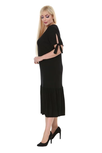 Melsay Butik Düz Siyah Bağlamalı Kısa Kollu Kadın Midi Elbise - 4