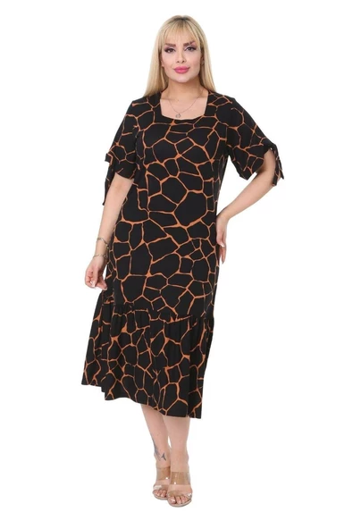 Melsay Butik Geometrik Bağlamalı Kısa Kol Siyah Kadın Midi Elbise - 1