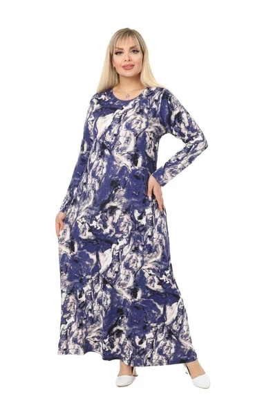 Melsay Butik Mavi Batik Desen Kollu Kadın Uzun Tesettür Elbise - Resim 3