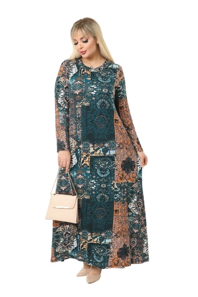 Melsay Butik Petrol Etnik Desen Kollu Kadın Uzun Tesettür Elbise - 2