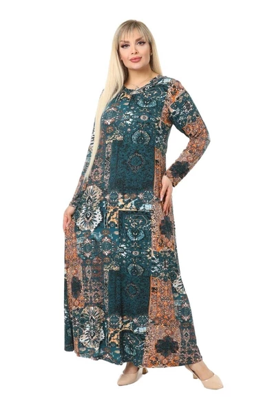 Melsay Butik Petrol Etnik Desen Kollu Kadın Uzun Tesettür Elbise - 3