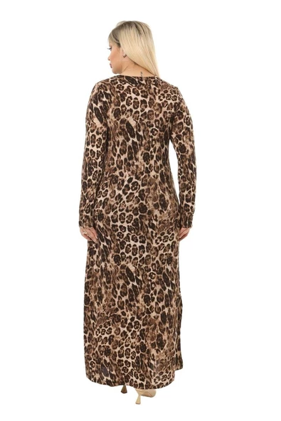 Melsay Butik Leopar Desen Kollu Kadın Uzun Tesettür Elbise - 4