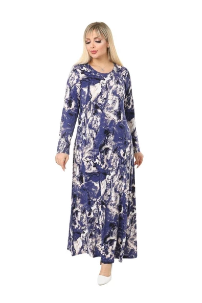 Melsay Butik Mavi Batik Desen Kollu Kadın Uzun Tesettür Elbise - Resim 2